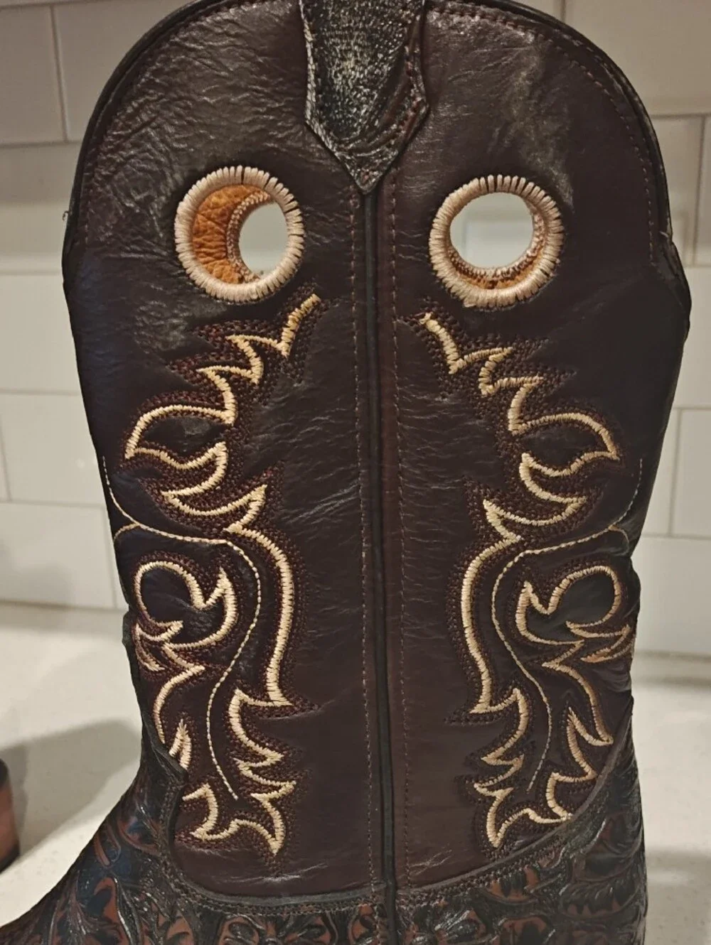 Big Bull Dark Brown Leather Western Boots with Tooled Leather - Never Been Worn
